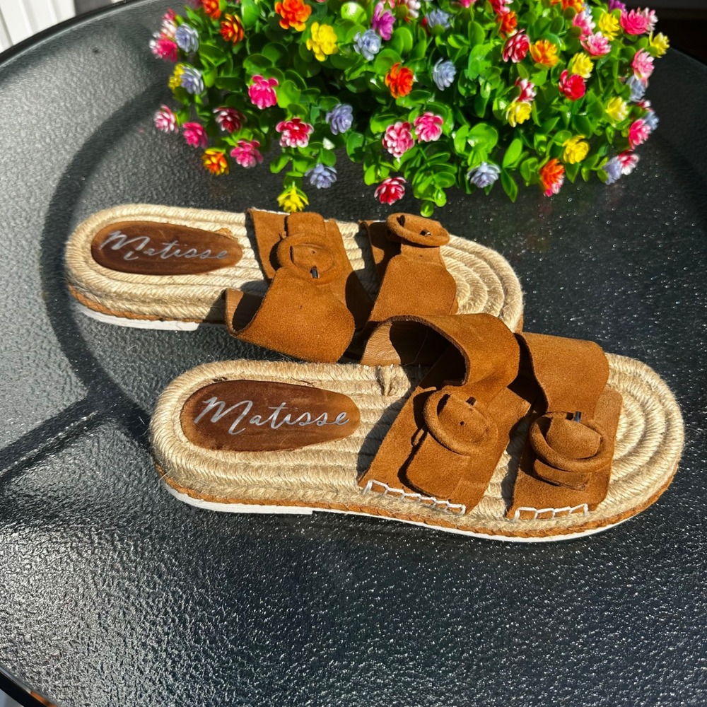 Matisse Cape Tan Suede Double Buckle Espadrille Slide Sandals Womens 7M - Picture 5 of 7